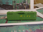 Left side of 303 after painting. Main body color is Floquil Light Green. This view also shows how "PRECISION" decals from Herald King set #111 were trimmed to match those letters visible on the prototype.