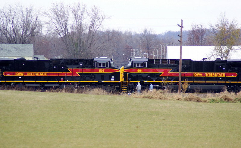 507 and 501 meet nose to nose for a crew swap at the east end of the Marengo siding.