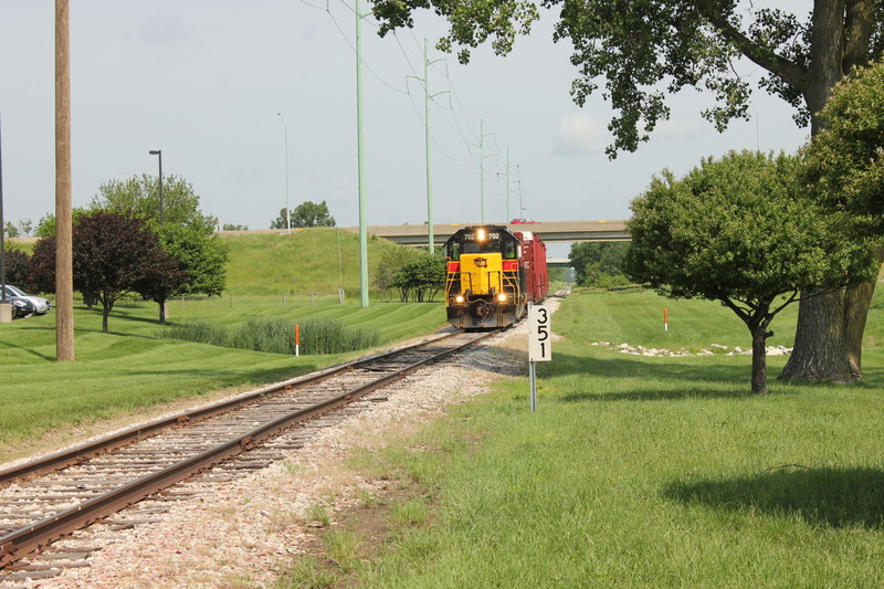 Heading back to Des Moines, the train has just crossed under the big curve on I-80.