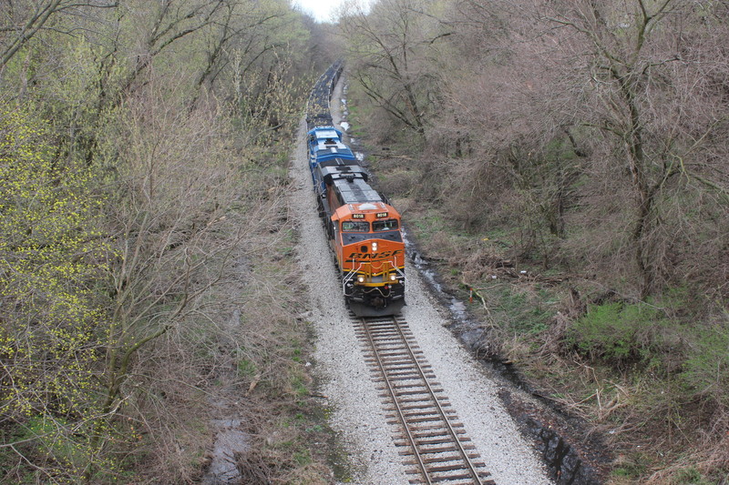 Today's nicely powered coal train is climbing Davenport Hill and is about to go under Locust St. overpass, April 13, 2015.