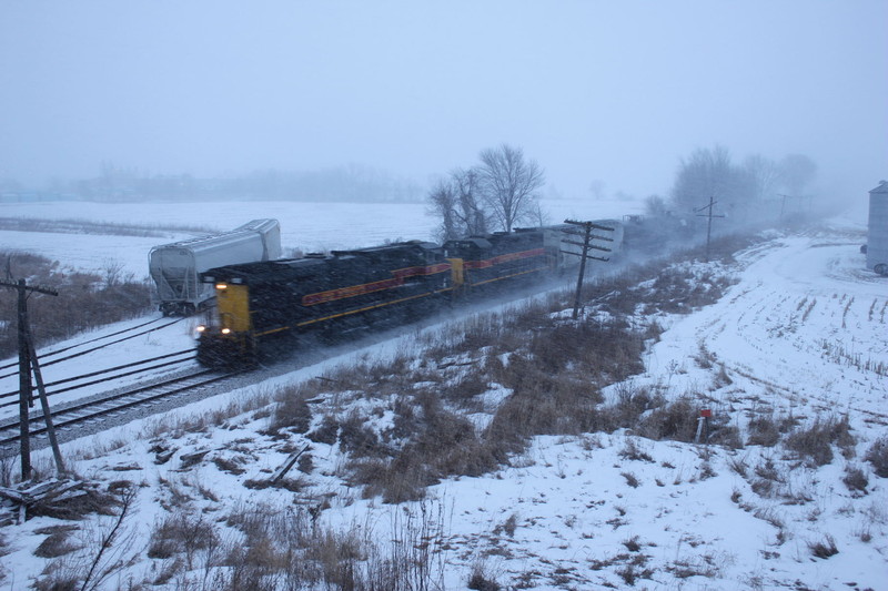 An odd morning westbound mty ethanol unit train is at the Wilton overpass, Feb. 14, 2014.