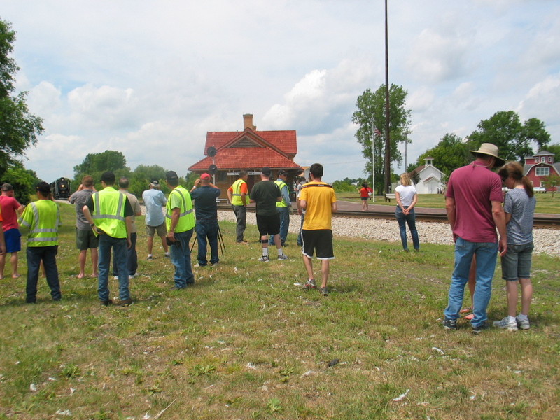 There was a nice crowd to see the engine arrive at West Liberty.  Trainboy Alex is front and center in yellow and black, with his family to the right.