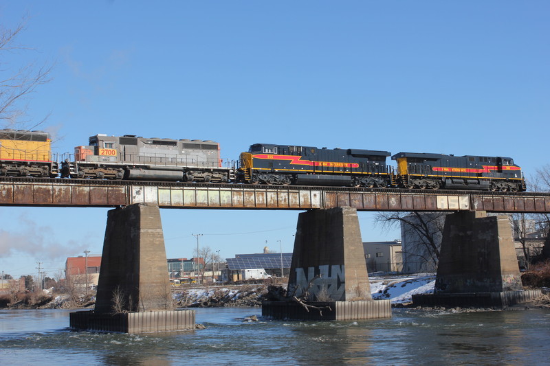 Feb. 12, 2015.  EB at Iowa City with dead UP SD45s bound for Silvis.