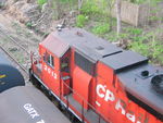 CP inspection train engine at Dodge St. in Iowa City; note the camera and attached cable running back to the cars.