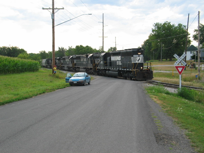 Barry and the chasemobile at the grade crossing on the west side of Grinnell.