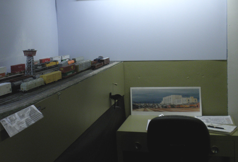 Overall view showing the crew desk with the new backdrop above.  I may still add a trim piece along the bottom of the backdrop to better frame things here.