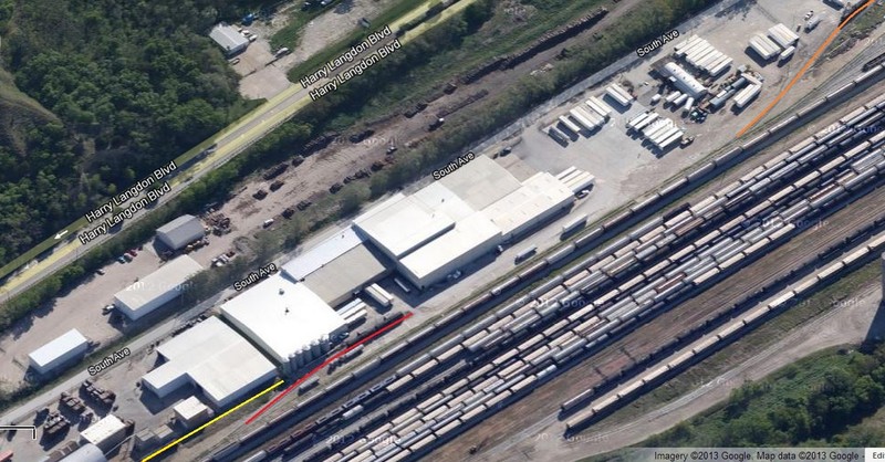 Courtesy of Google's satellite view, you can see the Storage track in yellow and McCollister in red in the lower left corner, with the Tanner Industries anhydrous transload in orange at the upper right.