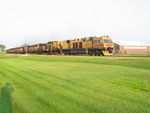 Rail grinder is grinding the mp203 curve west of Durant, Aug. 31, 2011.