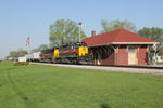 West train passes the depot at Wilton in good sun, May 7, 2014