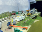 Looking north at the recently-scenicked turntable pit, lead track, and ramp entrance. I still need to add static grass and trees throughout this area and weather the ramp.  Photo post-processing by Scott Thornton.