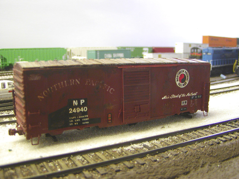 NP 24940 looking south.  This is a Branchline kit with Microscale decals for the larger NP herald and "Main Street of the Northwest" slogan, removed roofwalk, lowered ladders and brake wheel, and Sergent couplers.