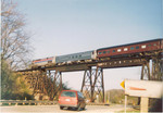 Amtrak 84 heads east out of the Bluffs with the 1998 test train.