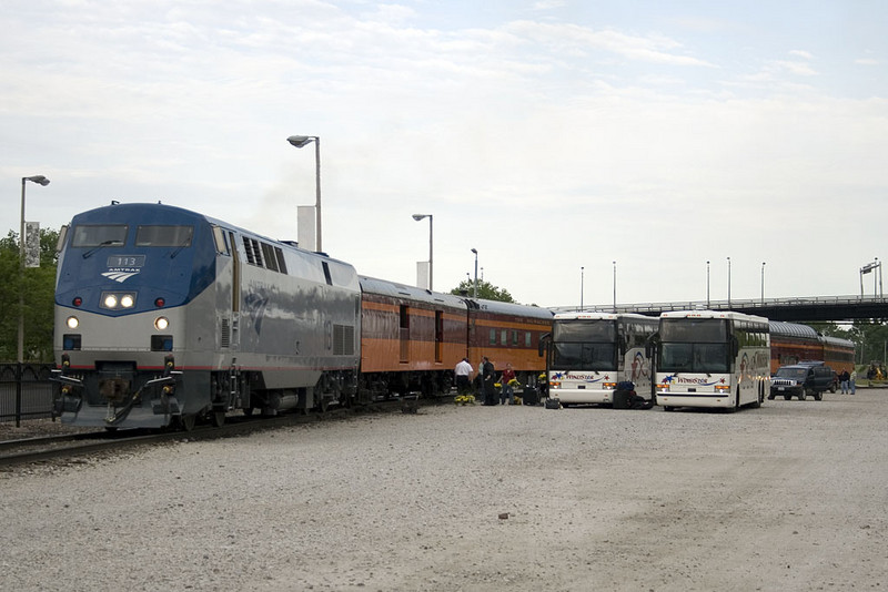 A charted Amtrak train using MILW 261 equipment loads passengers in Rock Island, IL on 13-May-2007 for the return trip to St Paul, MN.