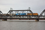 BNSF 8018 & NS 8098 on PECR-12; Government Bridge; Davenport, IA.  April 13, 2015