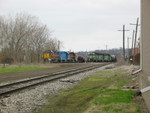 BN local waits at the west end of RI yard for the IAIS westbound to leave, April 19, 2007.