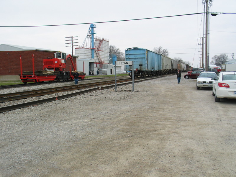 West train clears Durant- note the neat crane cleared up on the house track.  April 19, 2007.