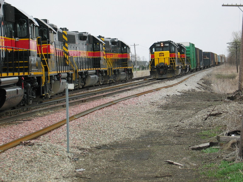 Eastbound heads in at the west end of Twin States siding, to meet the west train.  April 4, 2007.