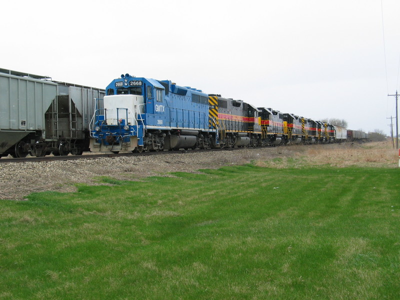 East train is ready to leave Twin States; the crew has added 2 units (that came out of Rock Island with them on the westbound) to the front of the consist.  April 4, 2007.