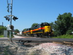 East train is pulling up N. Star siding, to meet the westbound.  Aug. 28, 2007.