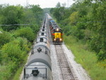 The eastbound is heading up N. Star siding towards the Wilton overpass, while the WB turn holds the main.  Aug. 29, 2007.