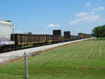 East train at Twin States, Aug. 7, 2007.  The crew is pulling past the east end, preparing to back in to meet the west train.