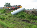 Westbound turn approaches the newly replaced culvert east of Wilton at mp206.6, July 19, 2008.