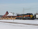 ex-RI GP7M IAIS 400 and 801 lead an eastbound UP pull on February 2, 2002.  Photo by Joe Atkinson