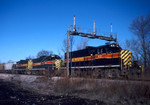A trio of 400's head east under the signal bridge at Atkinson, IL with RIPE-21 on 21-Dec-2001.  Photo by Erik Rasmussen