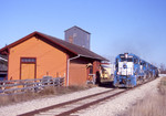 The 2809 is leading the quartet of LLPX SD38-2s past the Amana, IA depot on its way back to Iowa City.  Photo by Will Rasmussen.