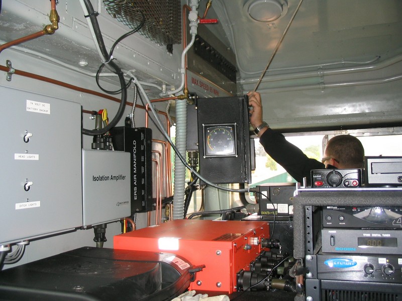 As a volunteer on the Hawkeye Express, sometimes I can catch a ride on the head end from the cab car. Here is our conductor on the engineers side of the cab car, taken from the firemans seat on 9-27-08