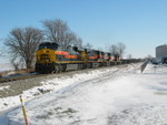 West train is on the move after the conductor has re-lined the west siding switch at Walcott, after meeting the coal empties, Dec. 11, 2008.