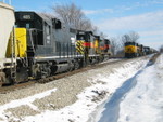 East train heads in at Walcott siding to meet the westbound turn.