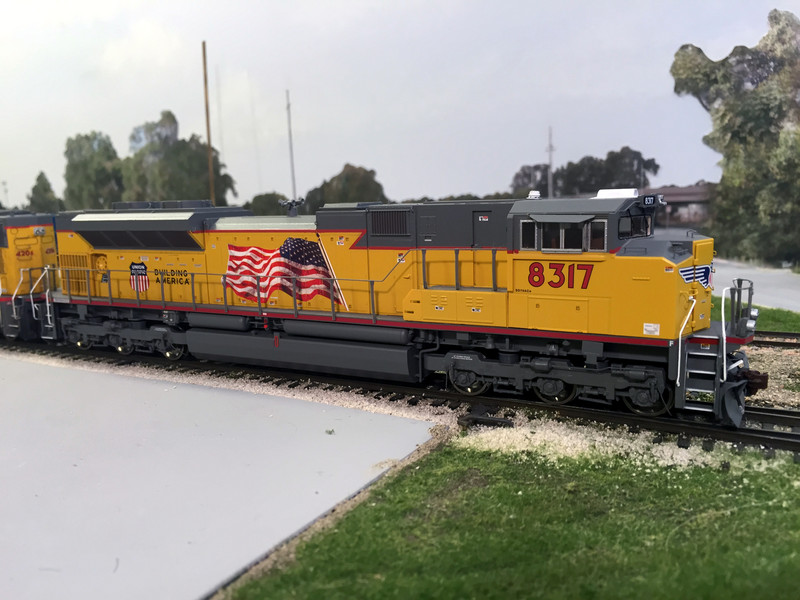 UP SD70ACe 8317. This unit wasn't actually on IAIS rails, but had been delivered to UP the month before I model, and sister 8377 came to the IAIS a couple months later. SD70ACes have really grown on me, though, so I wanted to have one on the layout. I substituted this for the second UP SD70M that was paired with UP 4206 above on the EB van train.