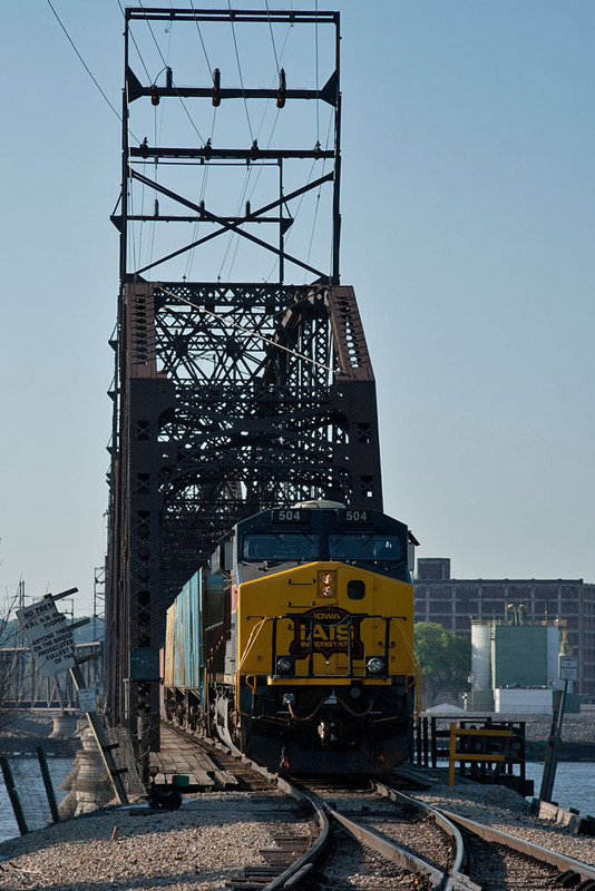 BICB-08 waits for traffic ahead to clear at the wye switch.   Davenport, IA.