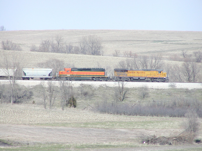 UP C40-8 9161 and FURX SD40-2 8105 travel east on IAIS MNLDM-31 near Walnut Creek, IA, about six miles west of Atlantic, on 2-Apr-2004