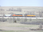 UP C40-8 9161 and FURX SD40-2 8105 travel east on IAIS MNLDM-31 near Walnut Creek, IA, about six miles west of Atlantic, on 2-Apr-2004