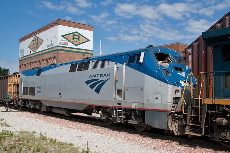 Amtrak 14 shows some battle scars.