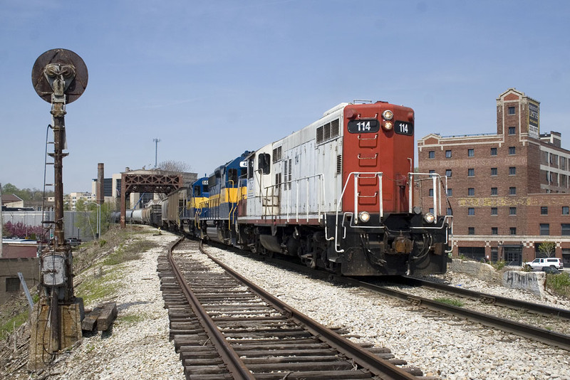 ICE 114 with DM&E's B73-14 @ the 3rd St bridge; Davenport, IA.  April 14, 2010.