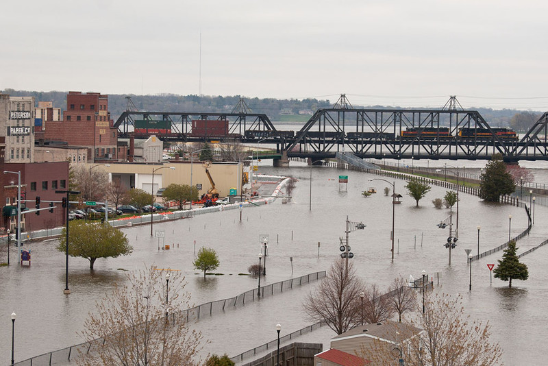 CBBI-19 crosses a heavily flooded downtown Davenport, IA.  April 20, 2011.