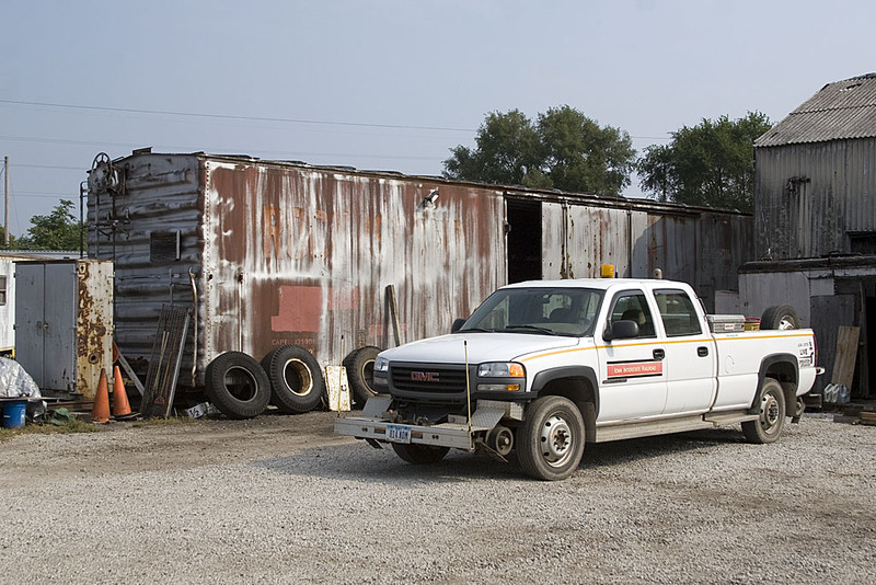 ex-RI boxcar & M-of-W @ Rock Island, IL.  September 6, 2009.