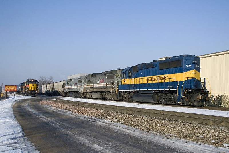 IC&E's Nitron Job holds on the BN side of the Rock Island yard while RISW goes about switching the yard.   December 19, 2007.