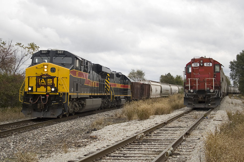 BICB-13 passes ICE 114 @ Moline, IL.  October 14, 2009.