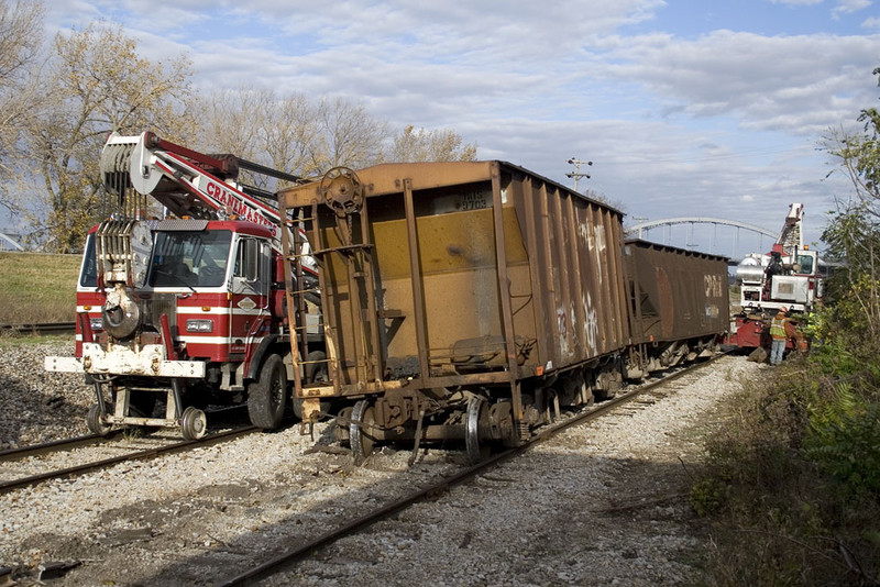 Cranemasters work a derailment on the Milan Branch.  Rock Island, IL. October 27, 2010.