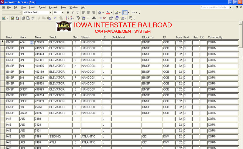 Car Management System (CMS) screen.  This database includes one entry for every car on my model roster.  Cars that are on the visible portion of the layout have the Track field populated, which causes them to be included in the appropriate Yard Report for that track.

I'll initially update this database with current car locations prior to my next op session, but from that point forward, my dispatcher/clerk will be updating it throughout each session as crews tie up and report pull and spot times.  If that works as planned, op session setup time should be greatly reduced, as I'll just have to validate car locations.