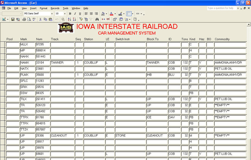 Second sample of CMS data. This shot includes several cars that have no Track data entered, meaning they're not on the visible portion of the layout.  As you can see by cars such as PLMX 35600, which is off-layout, I've pre-populated other fields for local cars. This particular car always serves Tanner in Council Bluffs (Station ID = COUBLUF), and their spur only holds a single car, so Seq (the car's order on the track) would always be 1. When it eventually makes its way onto the layout and is spotted, all that has to be done to show that it's ready to be pulled again is to fill in the Track field, causing it to show up on the CBSW Yard Report.  The empty will then be routed back to IHB at Blue Island (Chicago).