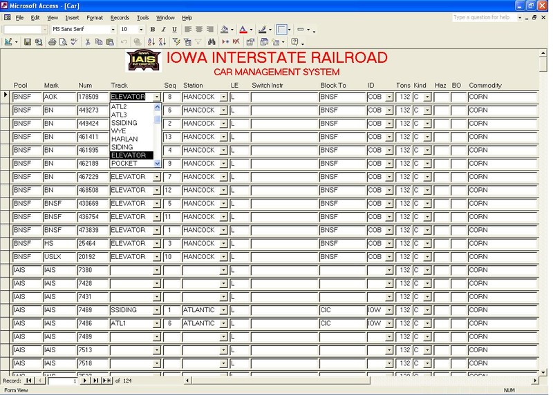 I learned how to create drop-down fields in Access and thought this would be a helpful way to guide my dispatcher/clerk when entering or updating Car records.  This example shows a few of the values in the new "Track" drop-down.