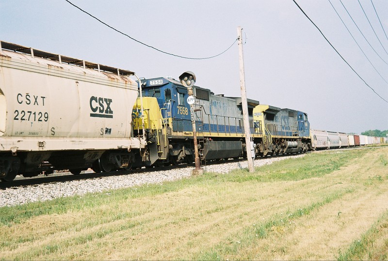 Westbound CSX road freight at the old RI tri color distant/approach signal east of Ottawa, advance signal for the Railnet crossing in town.  June 29, 2005.