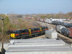 Looking north from 127th st., at the road power parked on the intermodal track.  In the background is the BI switcher power.  November 3, 2006.
