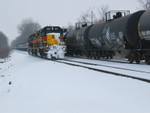 The relief crew has arrived with the 153/151, and is using the power as a taxi, to get their train back together.  N. Star siding, Feb. 17, 2008.