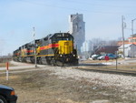 On the move again, rolling past the track gang's red board.